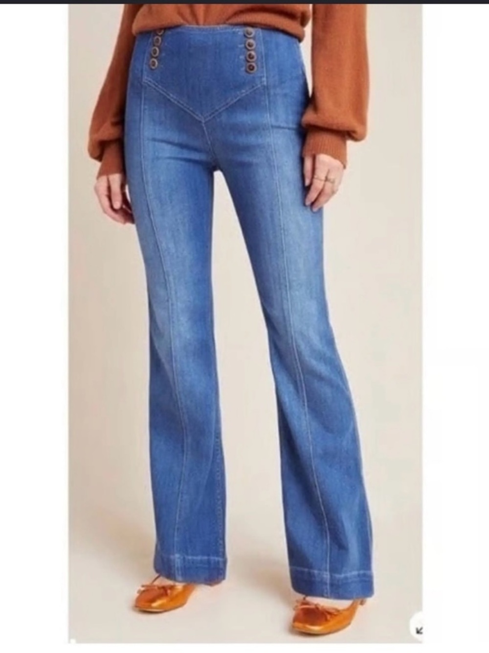 Pilcro Anthropologie High Rise Flare Jeans Button Front Sailor Wide Leg Size 27